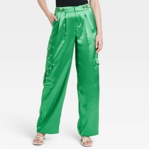 A New Day High Rise Wide Leg Green Satin Cargo Pants | 12